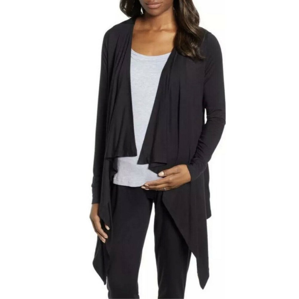 Angel Maternity Womens Large Black Maternity Nursing Waterfall Cardigan Sweater